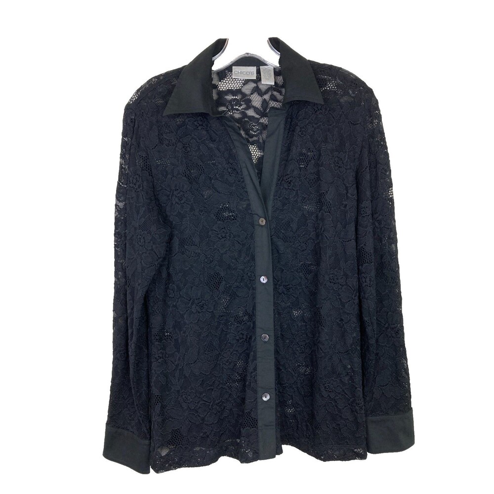 Chico's Women's V-Neck Button U Shirt Size 8 M Black Sheer Floral Crochet Lace - Picture 2 of 8